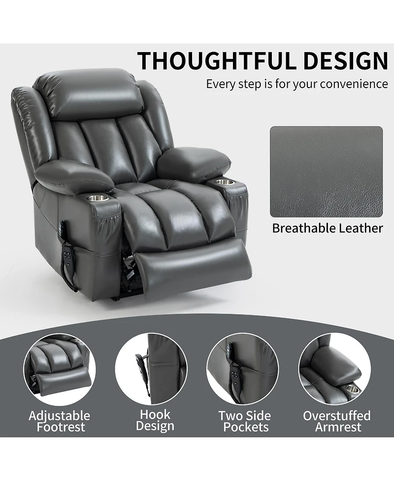 Power Lift Recliner Chair Heavy Duty Motion Mechanism with 8-Point Vibration Massage and Lumbar Heating Stainless steel Cup Holders