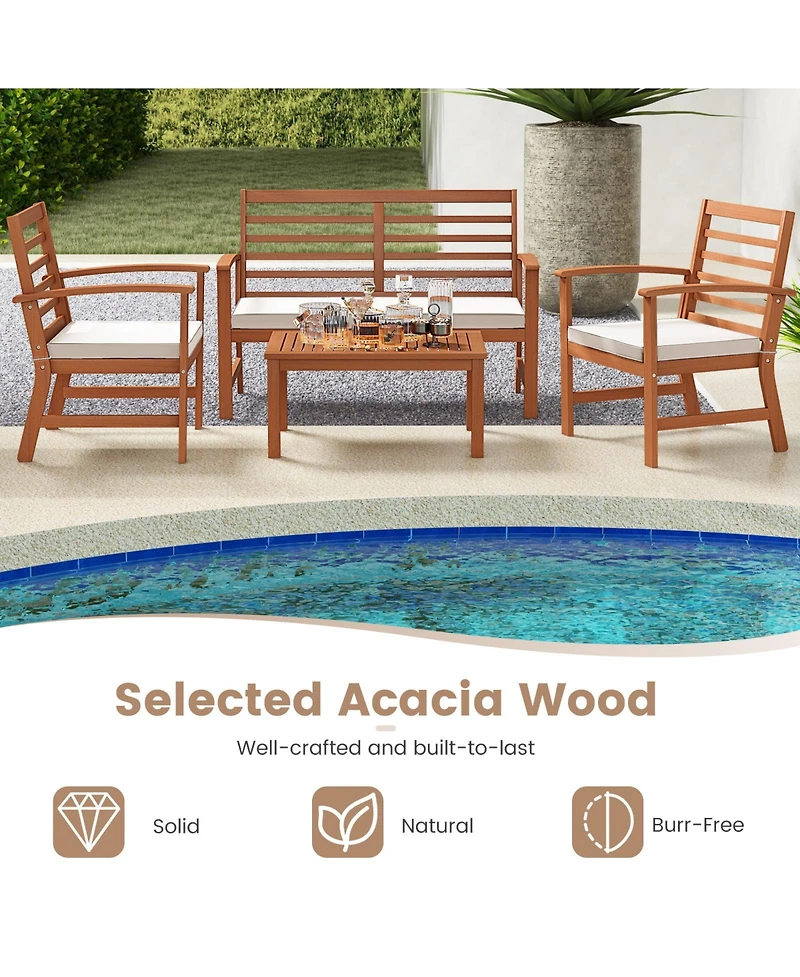 Gouun 4-Piece Acacia Wood Outdoor Furniture Set with Cushioned Chairs and Coffee Table