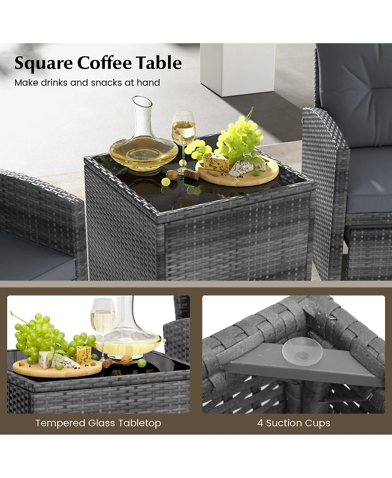 Gouun 5 Piece Patio Rattan Furniture with 2 Ottomans and Tempered Glass Table