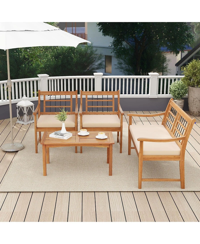 4 Piece Wood Patio Furniture with Armchairs Loveseat and Table-Off