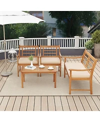 4 Piece Wood Patio Furniture with Armchairs Loveseat and Table-Off