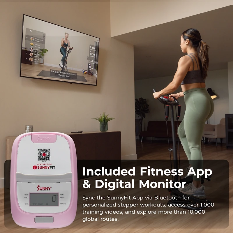 Sunny Health & Fitness Pink Smart Stair Exercise Stepper w Handlebar & Resistance Band, Free SunnyFit App Via Bluetooth