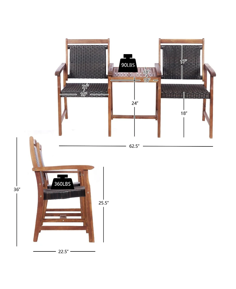 2-Seat Patio Rattan Acacia Wood Chair with Table