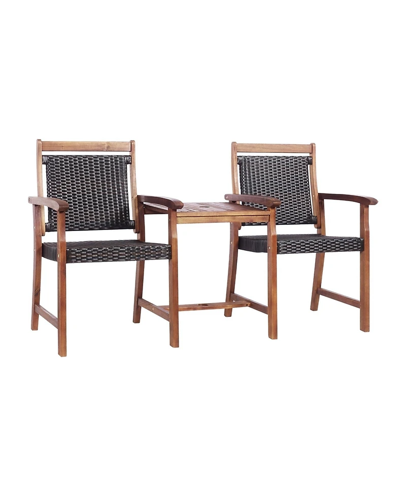 2-Seat Patio Rattan Acacia Wood Chair with Table