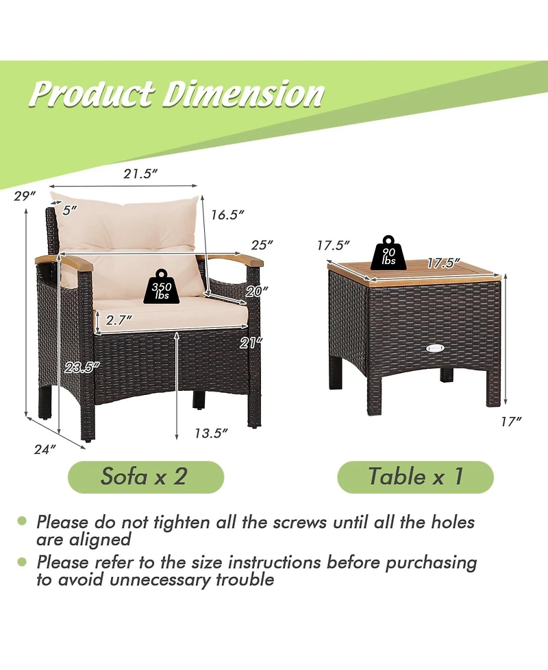 Patio Wicker Loveseat Sofa with Multipurpose Ottoman and Retractable Side Tray