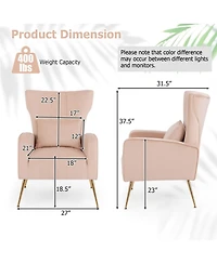 Gouun Velvet Upholstered Wingback Chair with Lumbar Pillow and Metal Legs