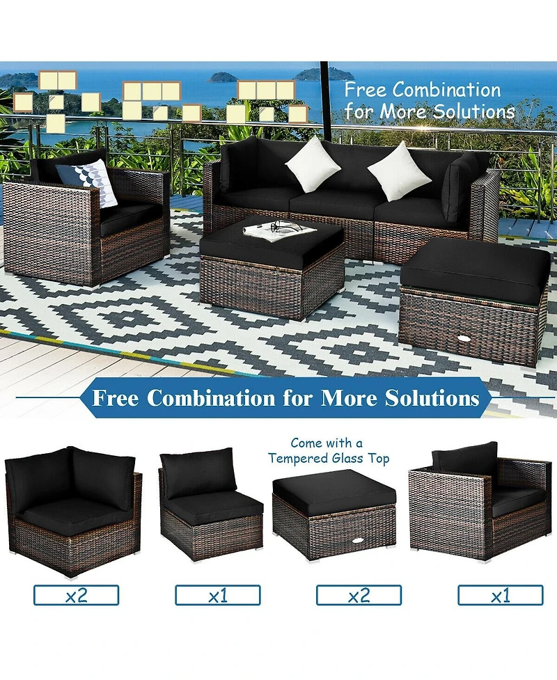 6 Pieces Patio Rattan Furniture Set with Sectional Cushion