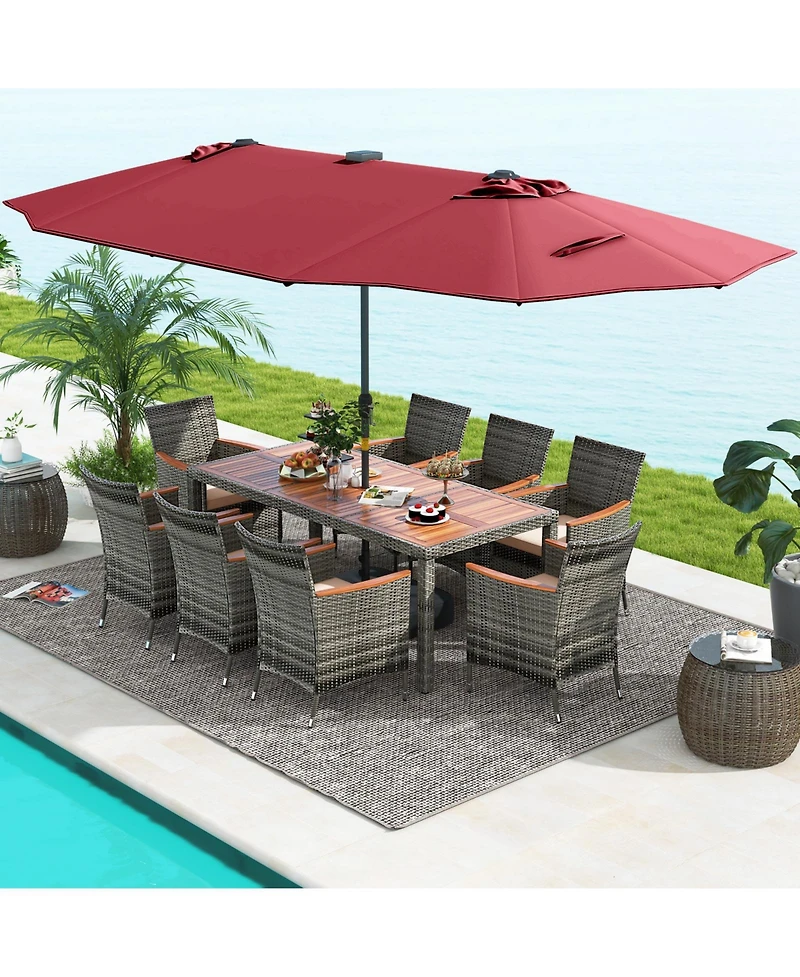 11 Pieces Patio Dining Set with 15 Feet Double-Sided Patio Umbrella Base Included-Wine