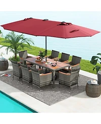 11 Pieces Patio Dining Set with 15 Feet Double-Sided Patio Umbrella Base Included-Wine