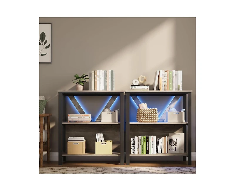 gaomon 3 Tier Bookshelf with Led Lights, Bookcase with Open Display Shelves, Wood and Metal Standing Bookshelf with Storage Rack for Living Room Bedro