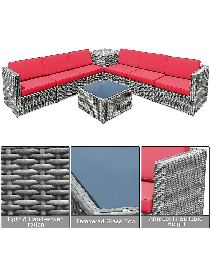 8 Piece Wicker Sofa Rattan Dinning Set Patio Furniture with Storage Table