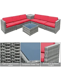 8 Piece Wicker Sofa Rattan Dinning Set Patio Furniture with Storage Table
