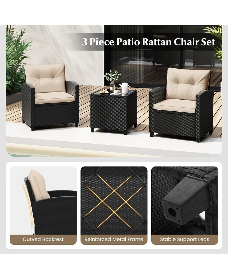 Gouun 3 Pieces Patio Furniture Set with Tempered Glass Table-Off