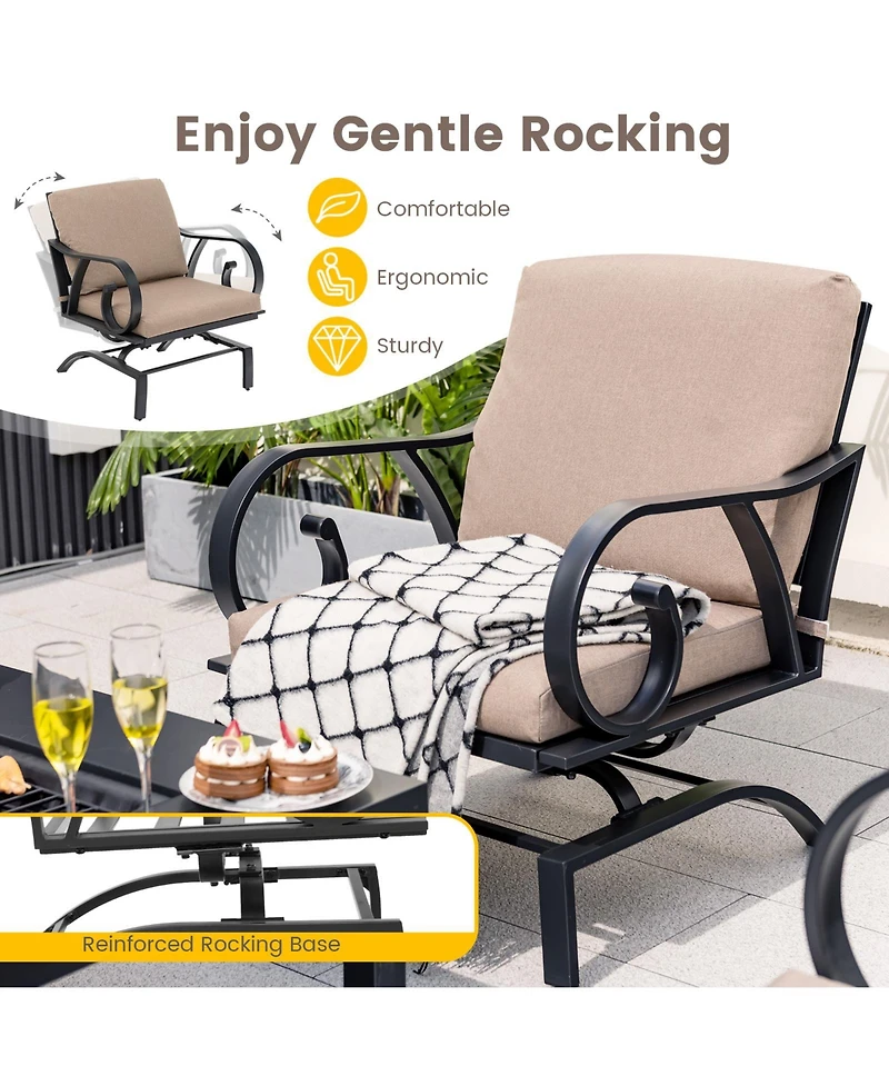 5 Pieces Patio Rocking Chairs and 4-in-1 Fire Pit Table with Fire Poker