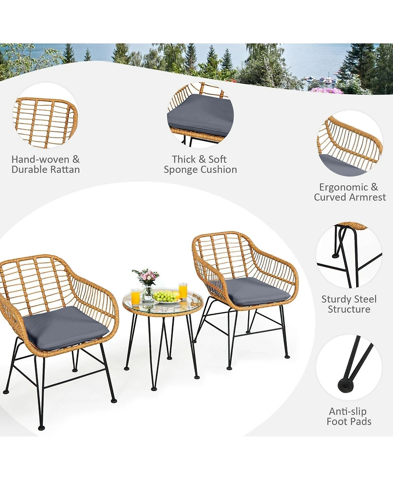 Gouun 3 Pieces Rattan Furniture Set with Cushioned Chair Table