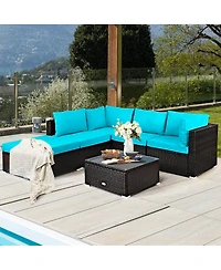 6 Pieces Outdoor Patio Rattan Furniture Set Sofa Ottoman