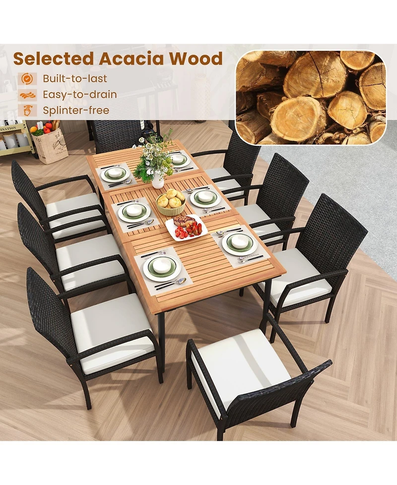 9-Piece Patio Dining Set with Umbrella Hole and 8 Rattan-woven Dining Chairs with Seat Cushions
