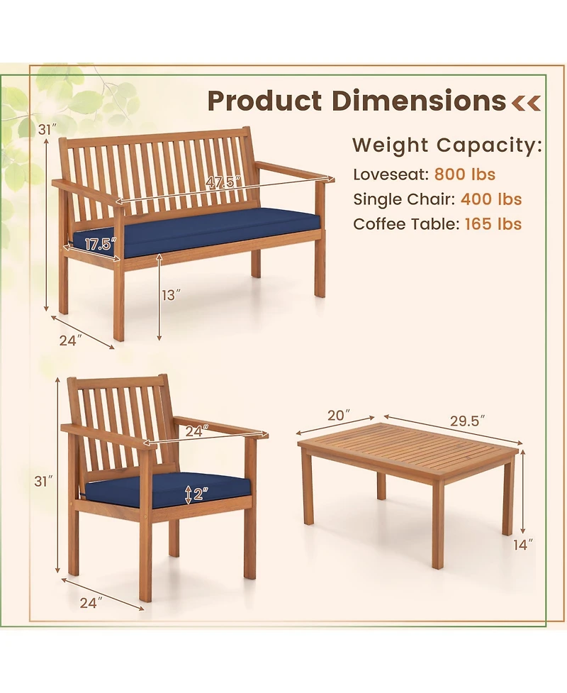 Gouun 4 Piece Patio Wood Furniture Set Acacia Wood Sofa Set with Loveseat