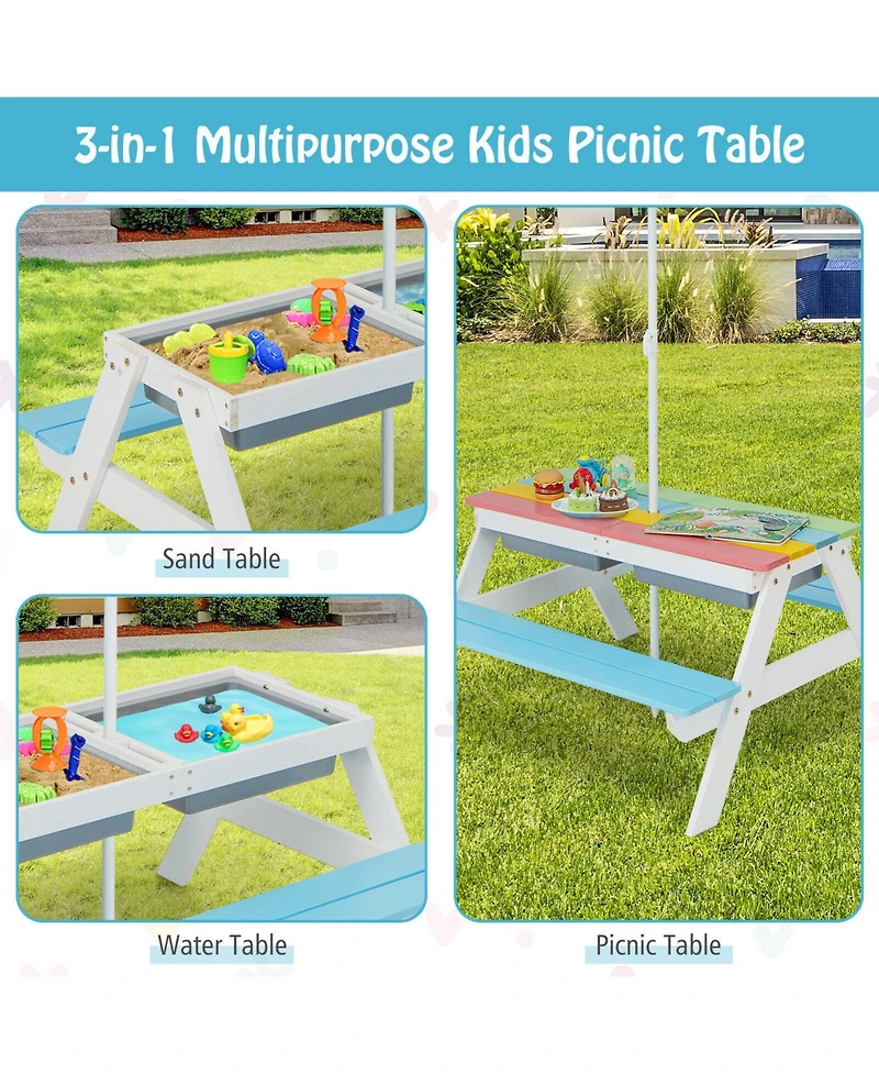 Gouun 3-in-1 Kids Outdoor Picnic Water Sand Table with Umbrella Play Boxes