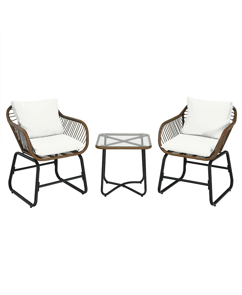 3 Pieces Patio Rattan Bistro Set Cushioned Chair Glass Table Deck
