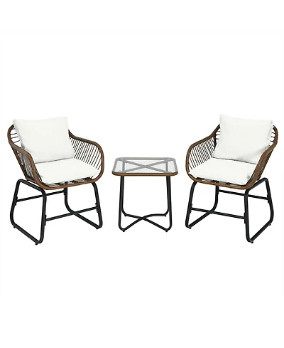 3 Pieces Patio Rattan Bistro Set Cushioned Chair Glass Table Deck