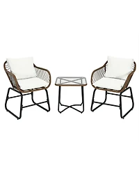 3 Pieces Patio Rattan Bistro Set Cushioned Chair Glass Table Deck