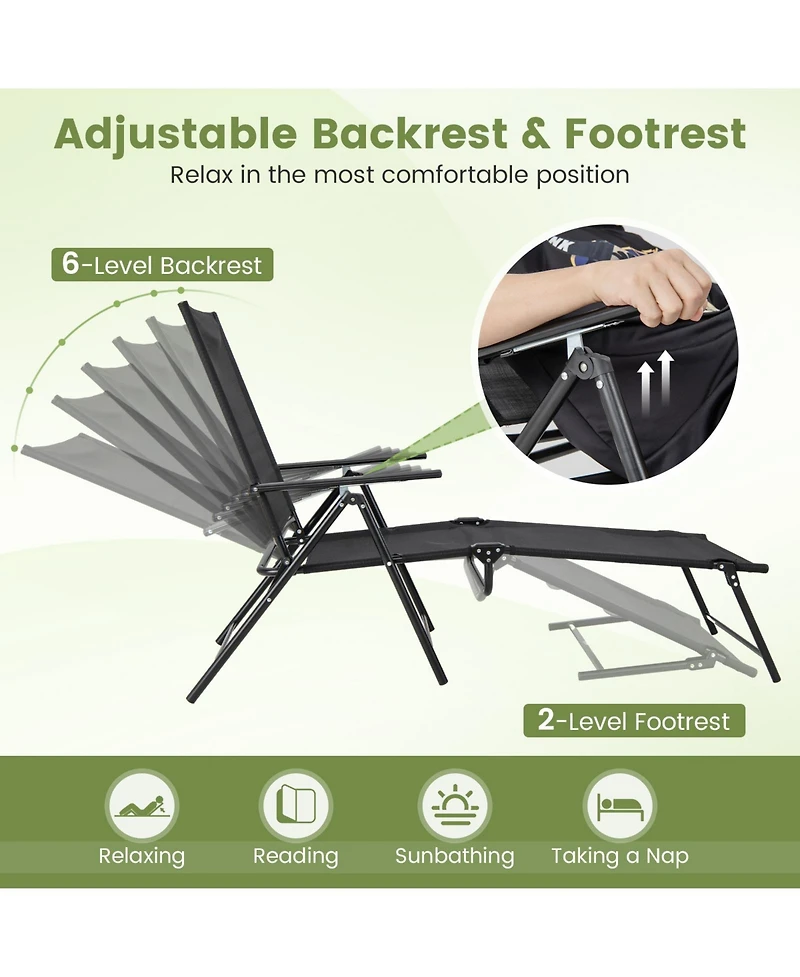 Gouun 2 Piece Patio Folding Chaise Lounge Chairs Recliner with 6-Level Backrest