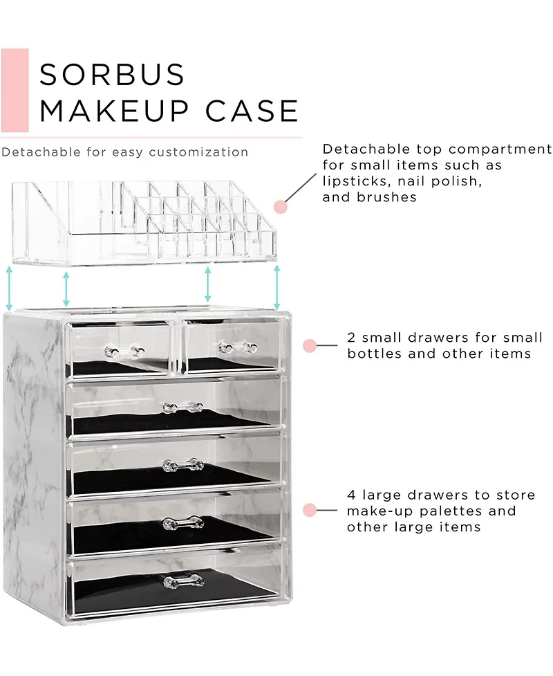 Sorbus 2 Piece Acrylic Makeup and Jewelry Storage Organizer Case (6 Drawers and Lipstick Tray
