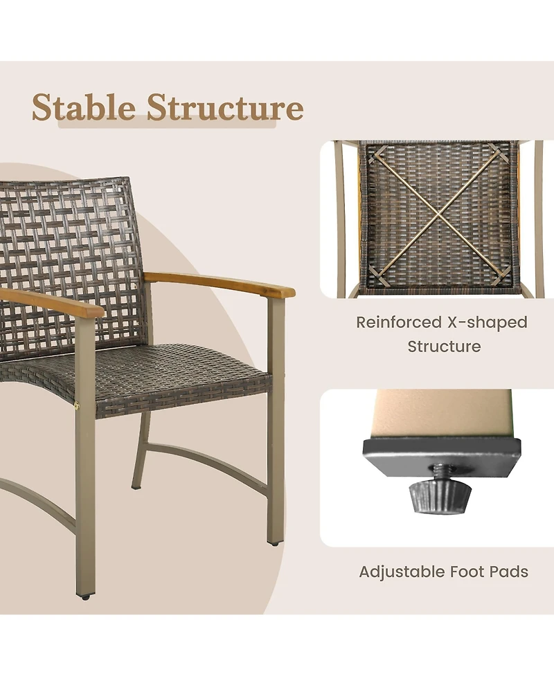 Gymax Outdoor Rattan Chair Set of 4 Patio Pe Wicker Dining Chairs w/ Acacia Wood Armrests Balcony Poolside