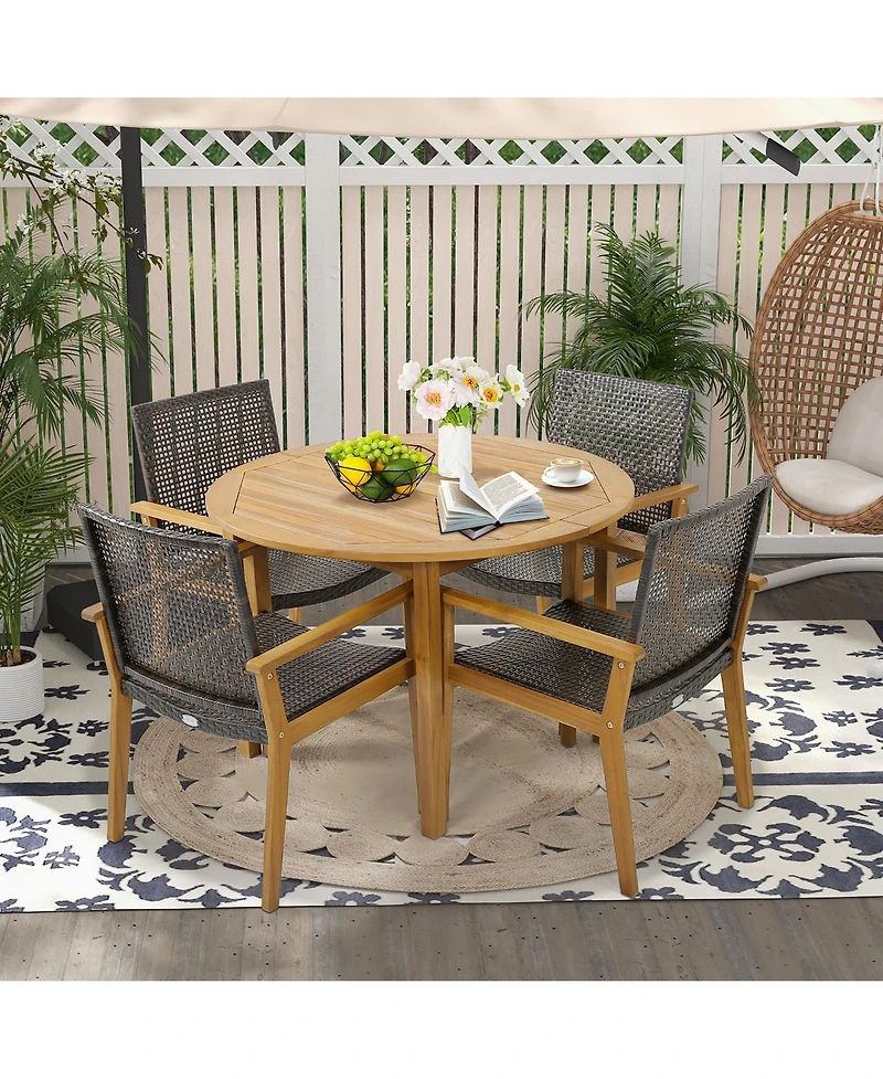 Gymax Outdoor Rattan Chair Set of 4 Patio Pe Wicker Dining Chairs w/ Sturdy Acacia Wood Frame