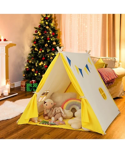 Gymax Kids Play Tent Triangular Kids & Toddlers Tent with Solid Wood Frame