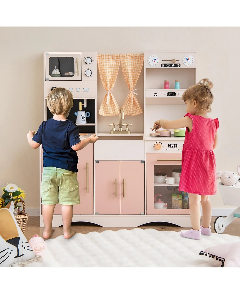 Gymax Kids Play Kitchen Pretend Playset w/ 2 Curtains & 16 Pcs Play Accessories Pink