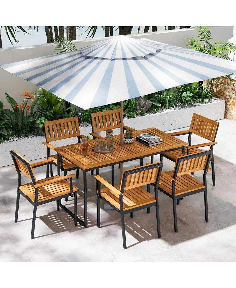 Gouun Acacia Wood Dining Table for 6 People with Slatted Tabletop and Umbrella Hole