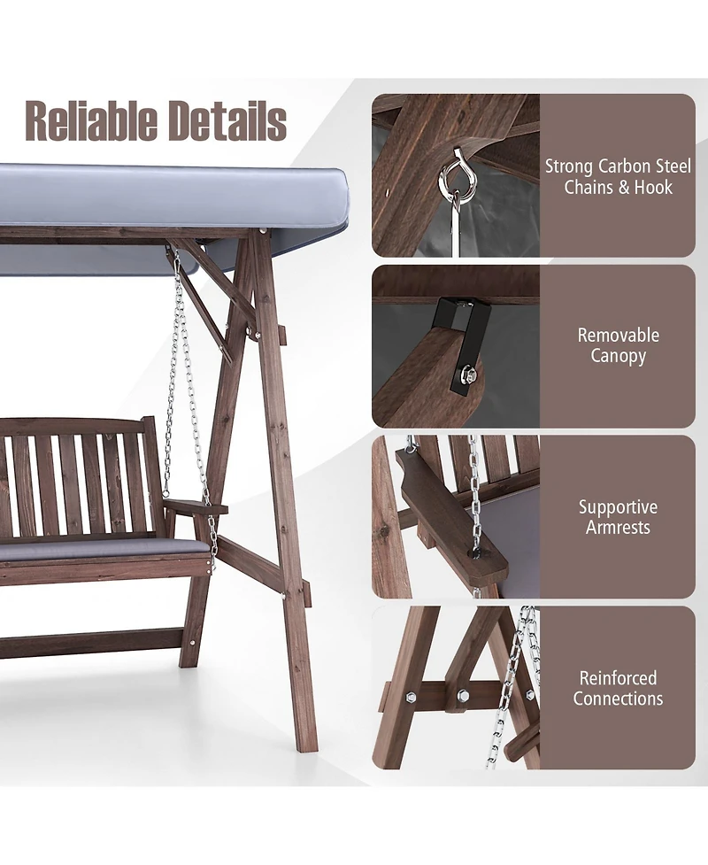 Gouun 2-Person Porch Swing with Fir Wood Stand and Tilt Canopy