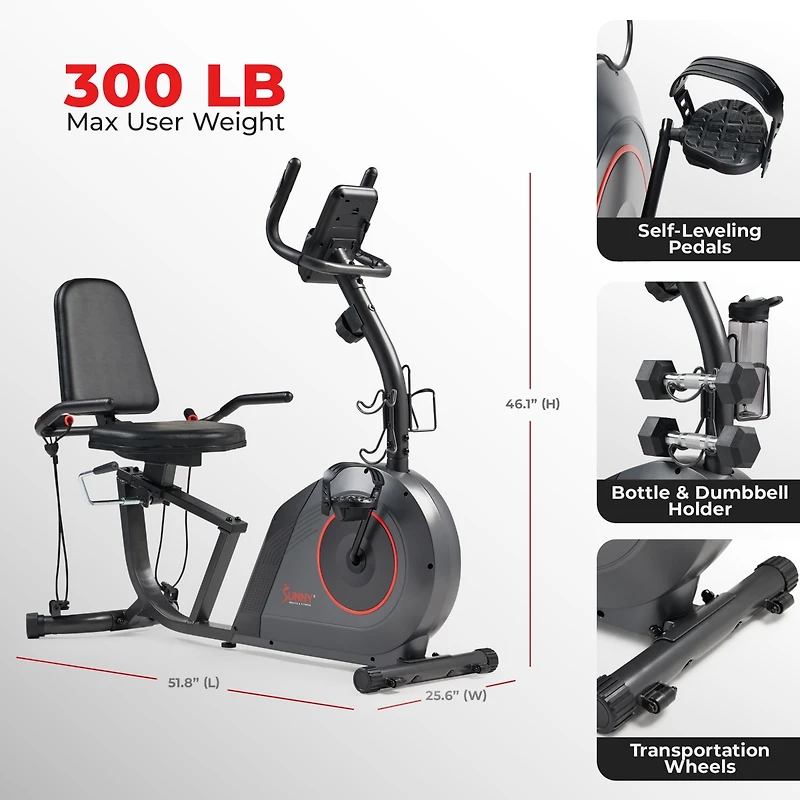 Sunny Health & Fitness Smart Corezy Recumbent Bike + Resistance Bands, 300LB with Free SunnyFit App Via Bluetooth