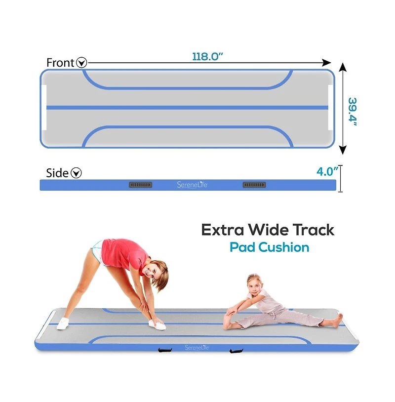 SereneLife 9.8 ft. Tumbling Gymnastics Inflatable Air Mat with Electric Air Pump, Blue