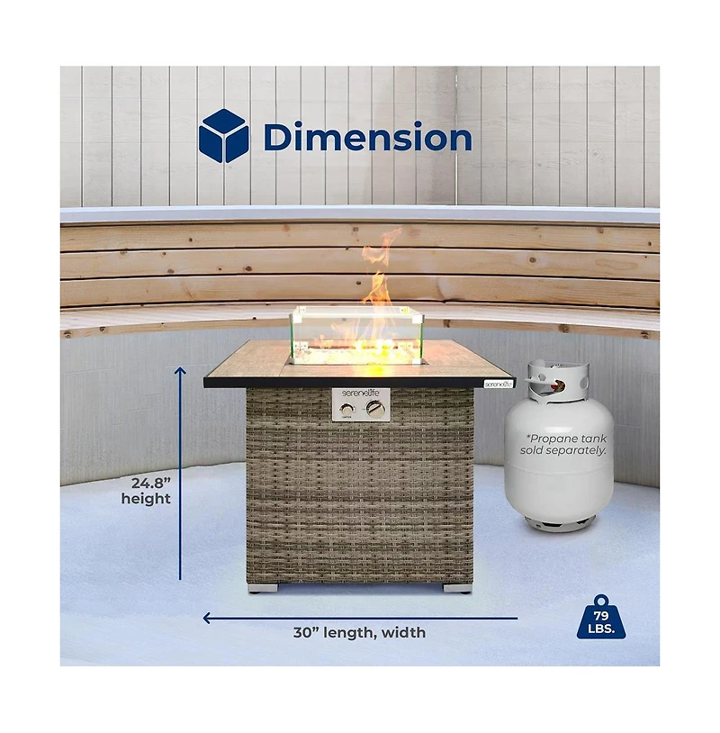 SereneLife 40,000 Btu Wicker Propane Gas Fire Pit Table with Tempered Glass Wind Guard