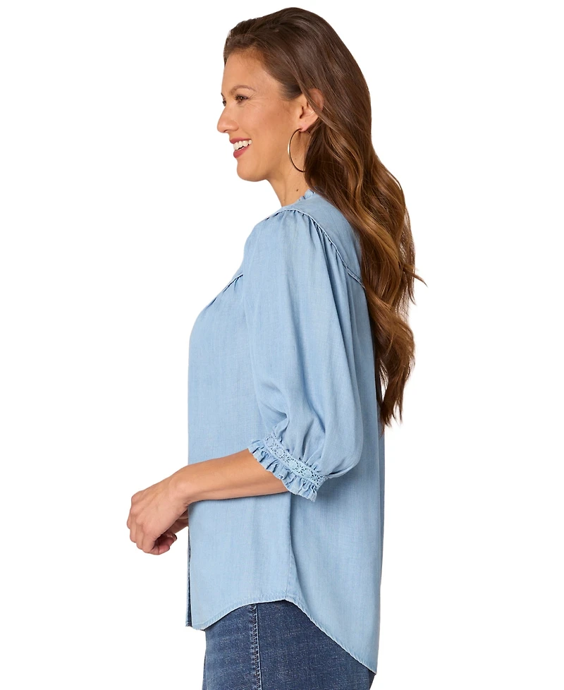 Democracy Petite Crochet-Trim Chambray Button-Front Shirt