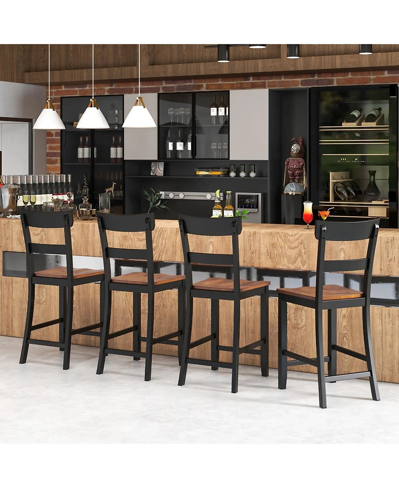 Farmhouse Dining Bar Stool Set of 2 with Solid Rubber Wood Frame