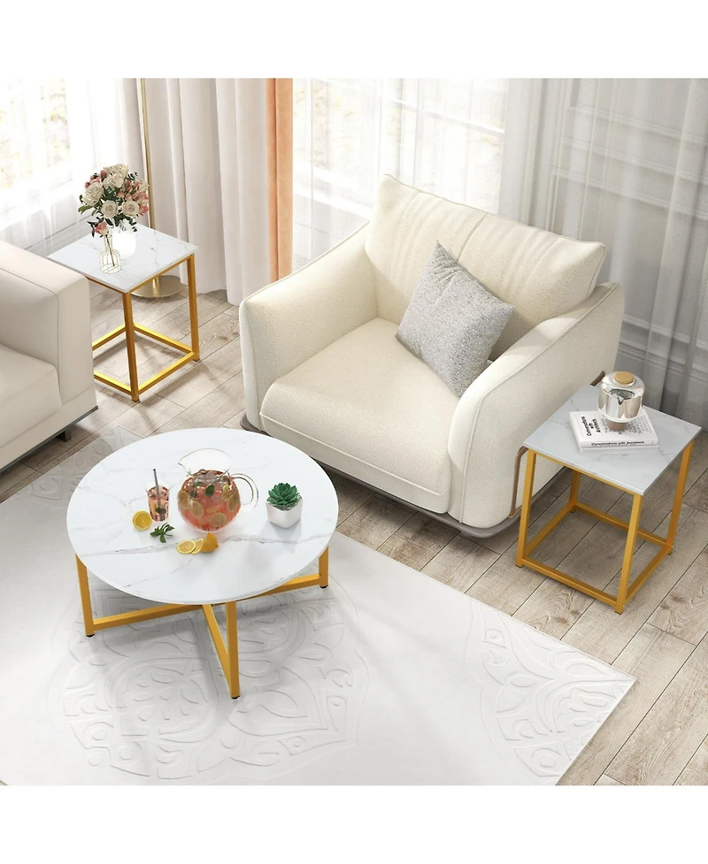 Gouun 3-Piece Table Set Round Table and 2PCS Square End Tables