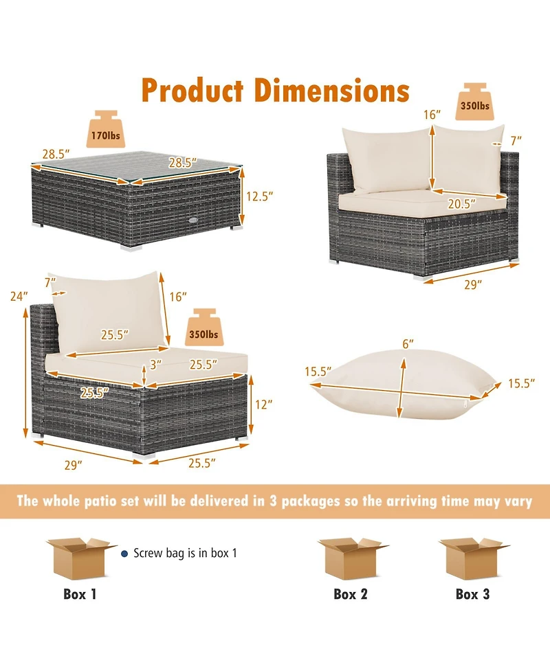 7 Pieces Patio Rattan Furniture Set with Sectional Sofa Cushioned