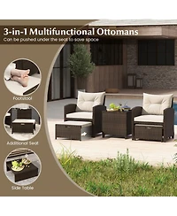 Gouun 5 Pieces Patio Rattan Furniture with 2 Ottomans and Tempered Glass Table