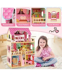 Gymax Kids Wooden Dollhouse Toddler Diy Pretend Playhouse w/ 15 Furniture Accessories