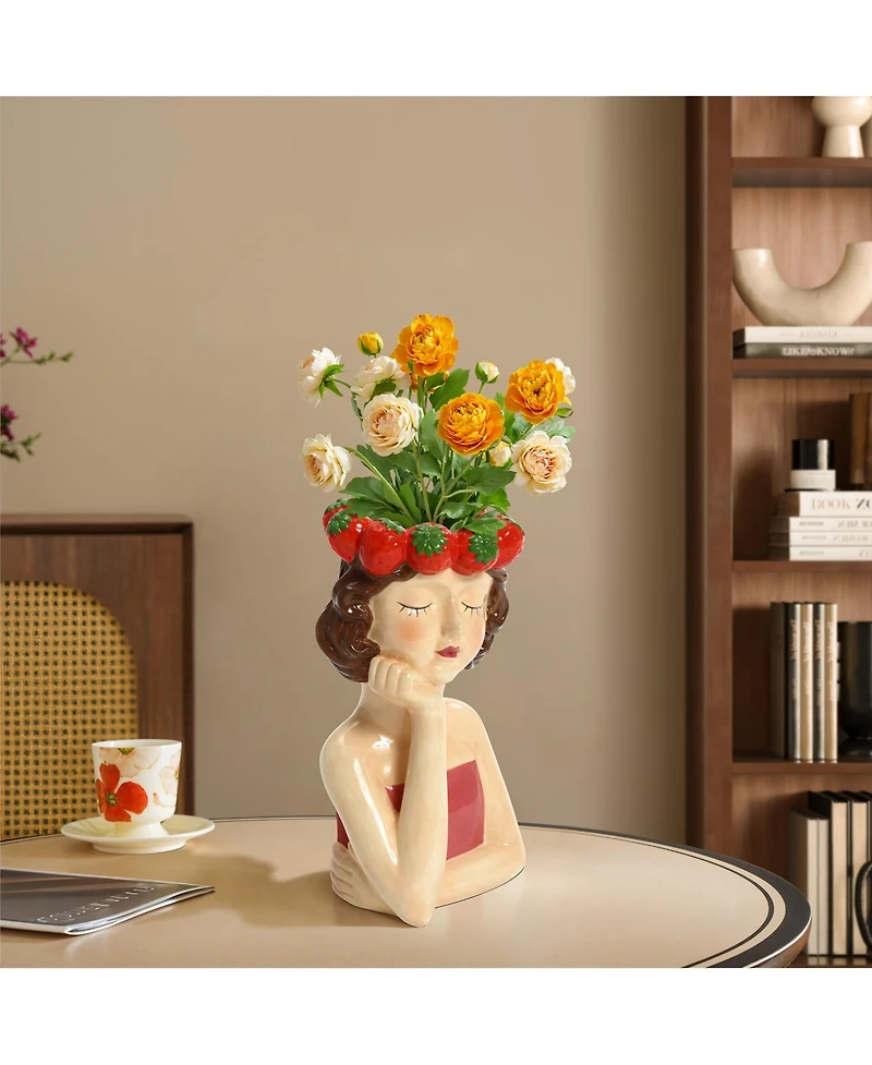 LuxenHome Lady Strawberries Ceramic 11.4-Inch Tall Sculpture Vase