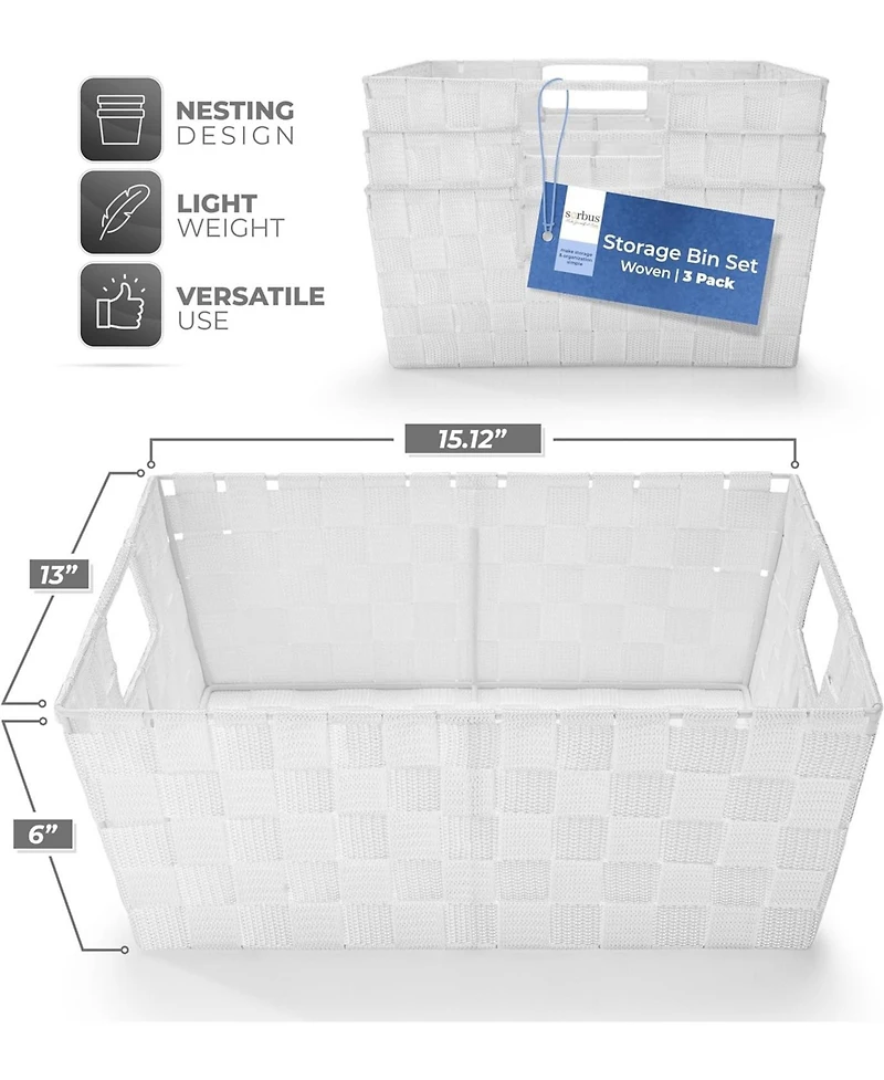 Sorbus 3-Pack Storage Basket Set - Mesh Hand-Woven, Stackable Baskets for Shelves, Closets, Bathroom and More