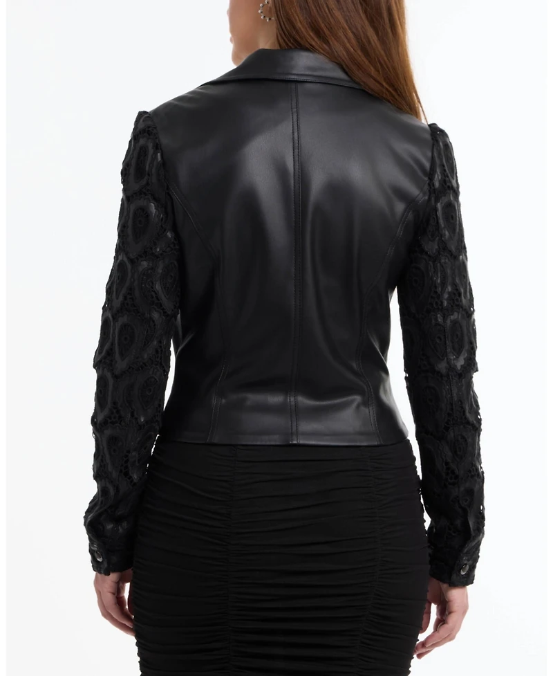 Bebe Women's Leather Embroidered Sleeve Moto Jacket