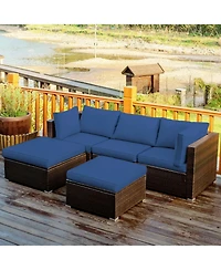 5 Pieces Patio Rattan Sofa Set with Cushion and Ottomans