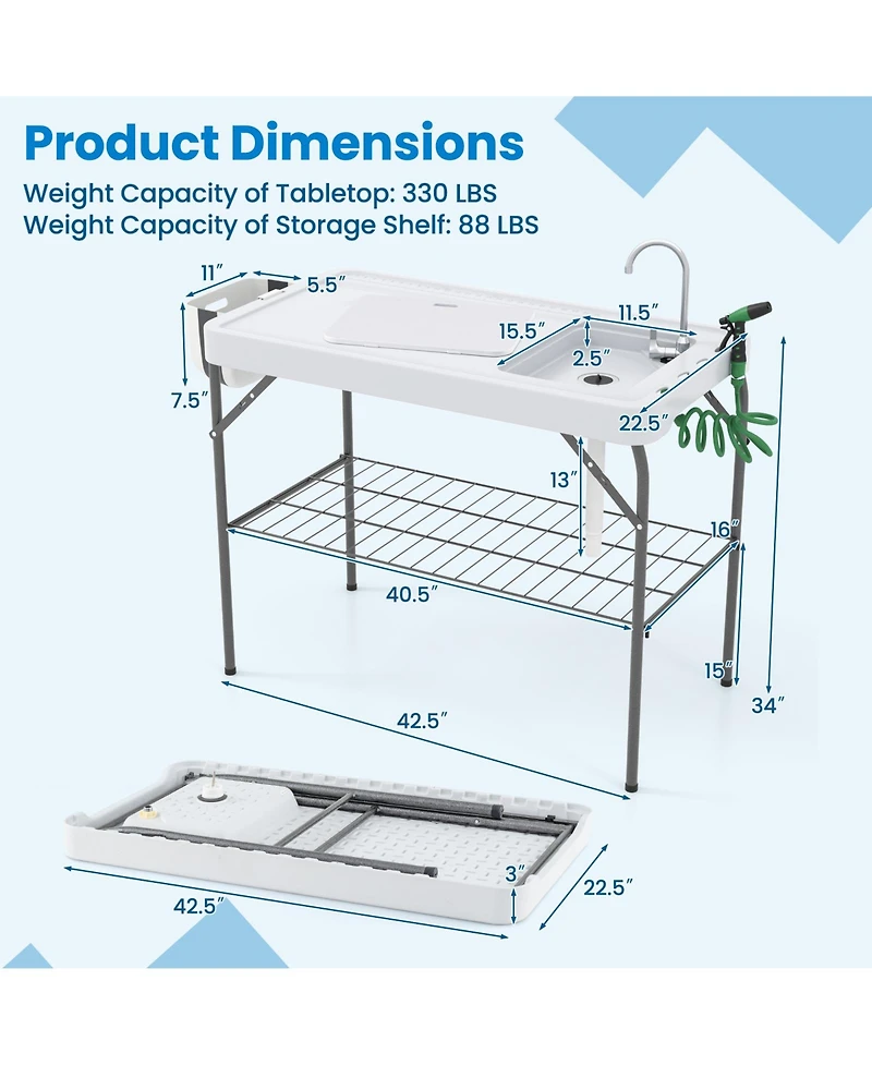 Gouun 2 in 1 Folding Fish Cleaning Table with Sink and Faucet for Patio Bbq