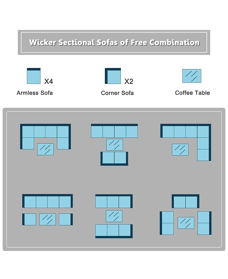 7 Pieces Sectional Wicker Furniture Sofa Set with Tempered Glass Top-Peacock
