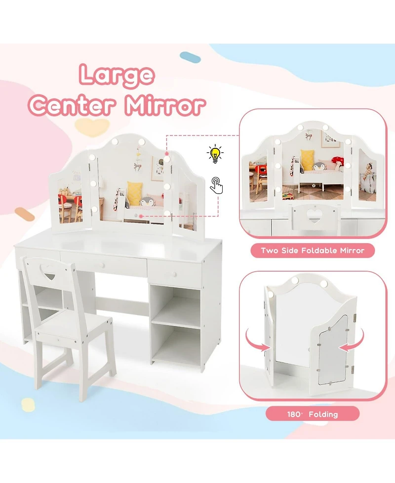 gaomon Kids Vanity Table, Princess Makeup Desk & Chair Set Withtouch Light Detachable Tri-Folding Mirror